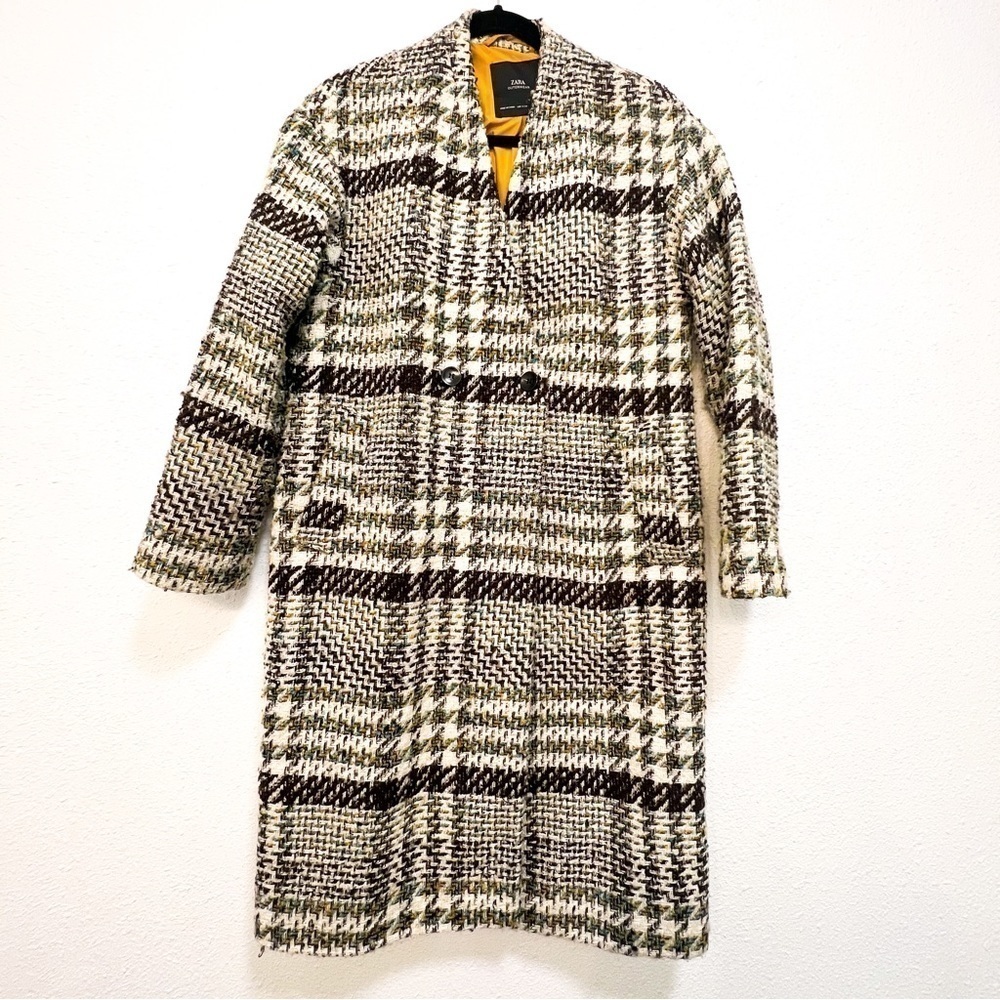 ZARA Black Cream Aqua Plaid Tweed Lapeless Long Coat XS